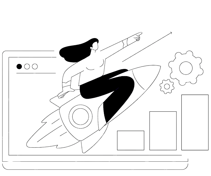 Illustration of a woman riding a rocket pointing upwards