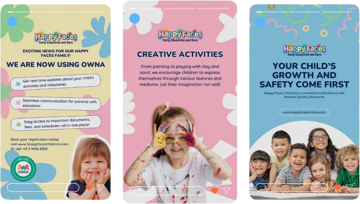 Happy Faces Childcare social media marketing portfolio showing Instagram story designs for creative activities and child safety.