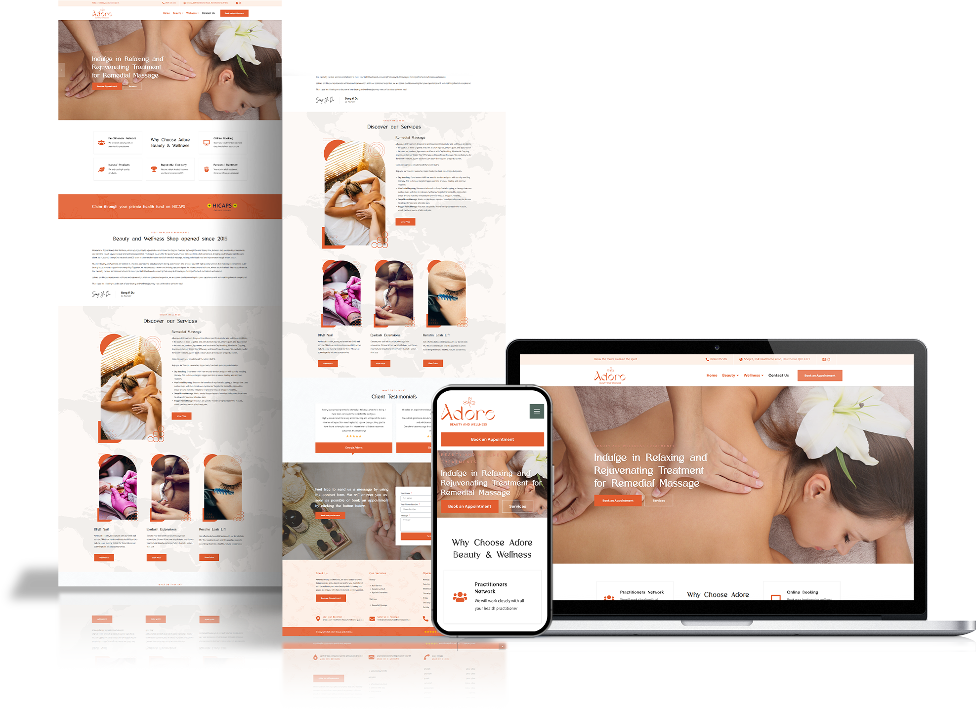 Website design mockup for Adore Beauty Wellness and Spa displayed on desktop and mobile devices