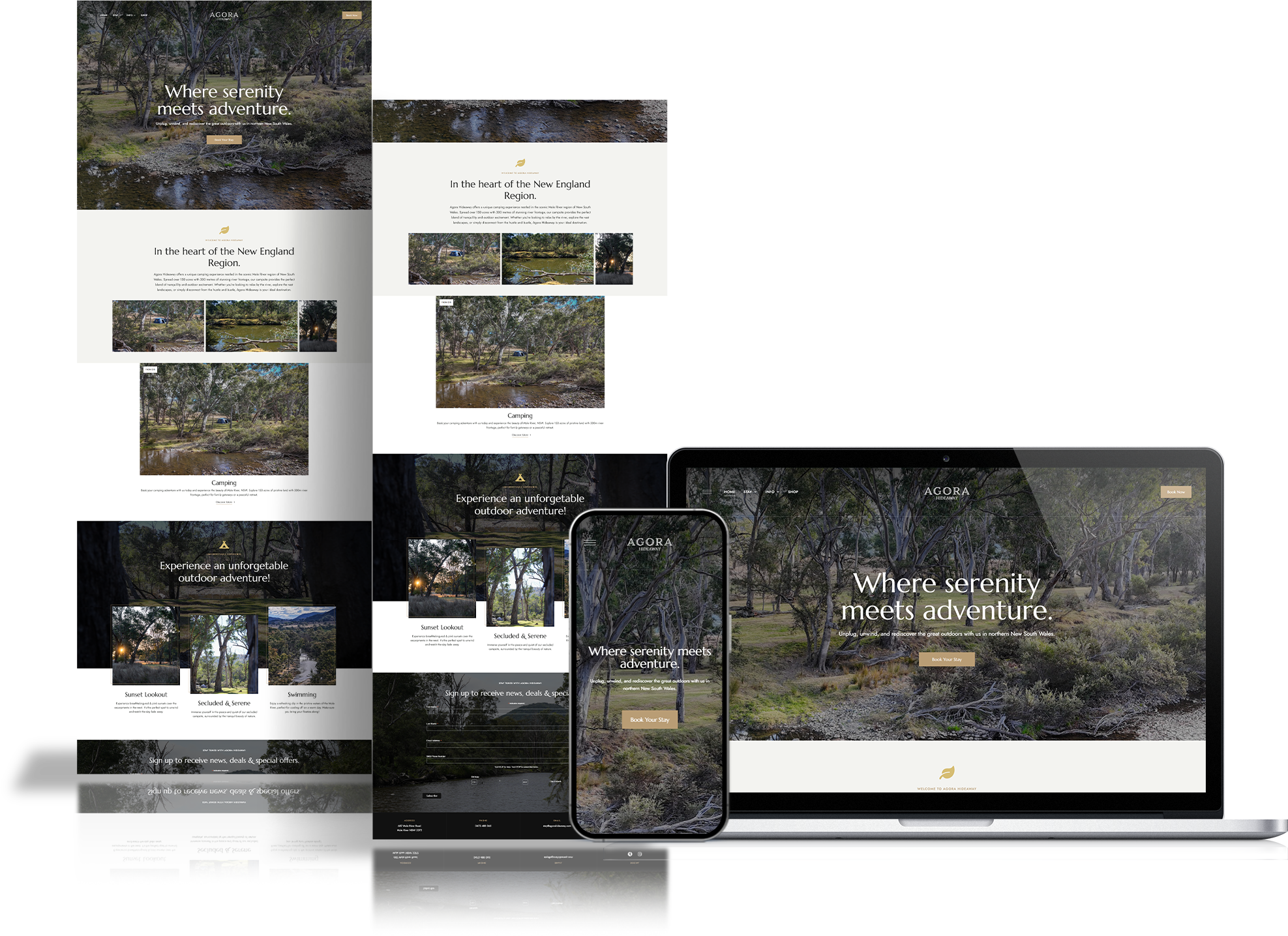 Website design mockup for Agora Hideaway displayed on desktop and mobile devices