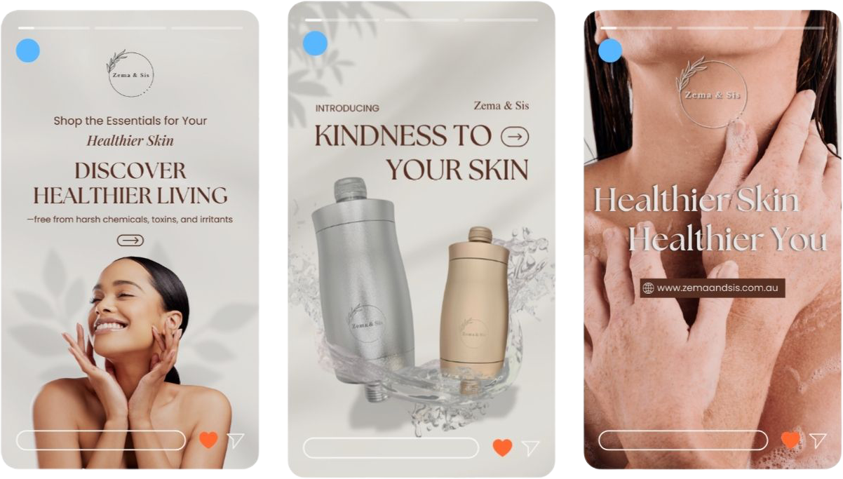 Zema & Sis social media marketing portfolio featuring elegant Instagram story designs for natural skincare products and healthy living.