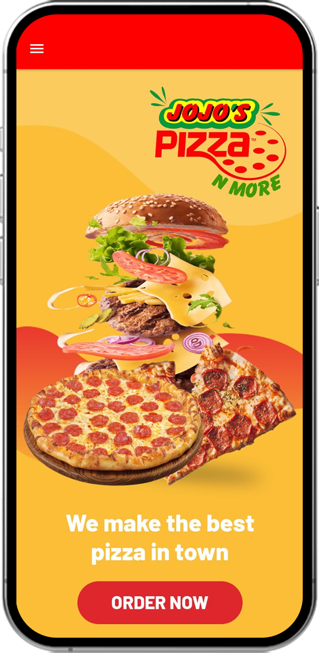 Jojo's Pizza N More mobile app interface showing a pepperoni pizza, a deconstructed burger, and an "Order Now" button.