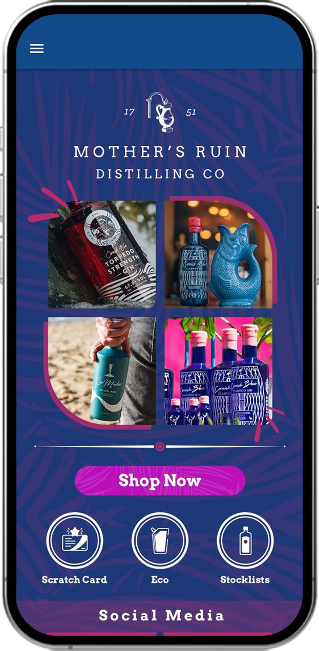 Mobile app interface design for Mother’s Ruin Distilling Co featuring product images and a “Shop Now” button