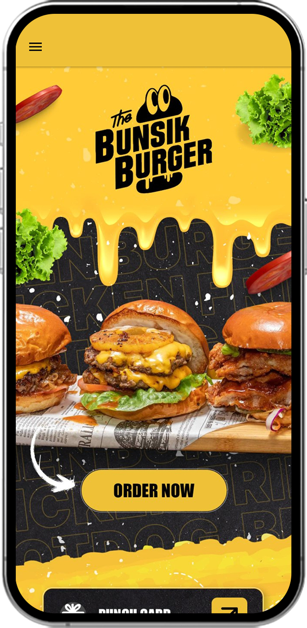 Mobile app home screen design for The Bunsik Burger featuring burgers and an “Order Now” button